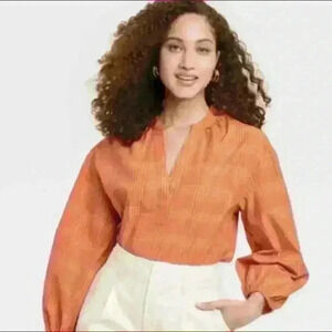 A new day plaid orange rust popover blouse sz m 8/10